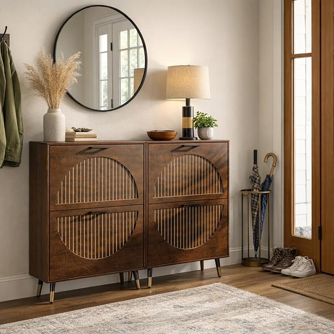 Farmhouse Shoe Cabinet Storage for Entryway, Slim Shoe Rack Cabinet with 4 Flip Drawers, Narrow Shoe Organizer Cabinet with Stylish Round Panel, Metal Leg and Handle