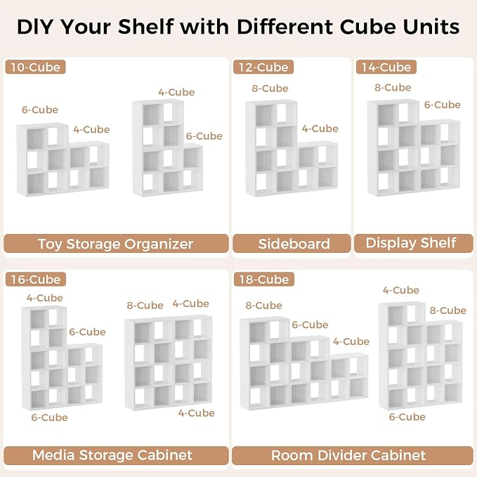LUCKLIFE 6-Cube Storage Organizer, Stackable Modular Bookcase Shelf with Vertical or Horizontal Use, Fits 11×11" Bins, Optional Back Panels, for Living Room, Office, White