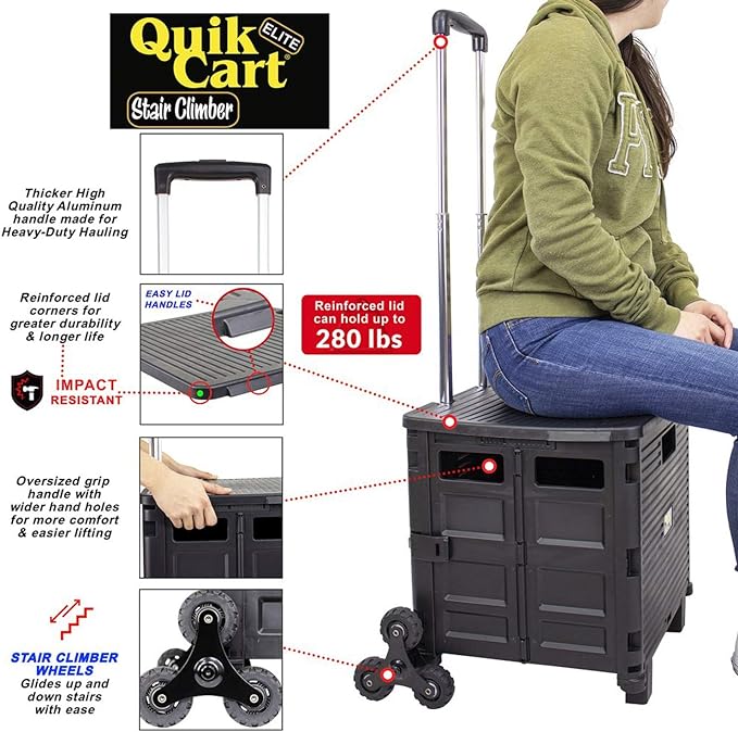 dbest products Quik Cart Elite Stair Climber Wheeled Rolling Crate Teacher Utility With seat Heavy Duty Collapsible Basket With Handle, Black | Collapsible, with Wheels, 120 lbs Capacity, Heavy Duty, Telescoping Handle, Folding Utility Cart with Seat