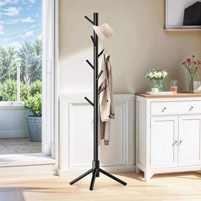 Wooden Coat Rack Freestanding with 8 Hooks,Easy Assembly New Zealand Pine Tree Coat Racks, 3 Adjustable Sizes for Clothes, Hats, Bags, for Entryway, Hallway, Bedroom, Office (Black, 1 PC)