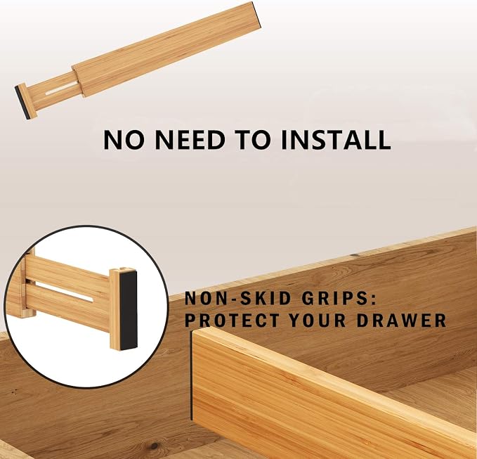 BAMEOS Bamboo Expandable Drawer Dividers – Fits 16.6"–22" Drawers, 2" High, Set of 4 | Spring-Loaded Bamboo Separator for Kitchen Island, Bathroom Vanity & Dresser Drawers
