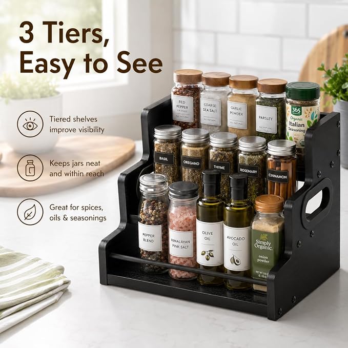 3 Tier Spice Rack Organizer for Cabinet, Wood Spice Shelf Storage, Kitchen Seasoning Organizer for Kitchen Countertop or Pantry, Spice Bottles, Bottles, Black