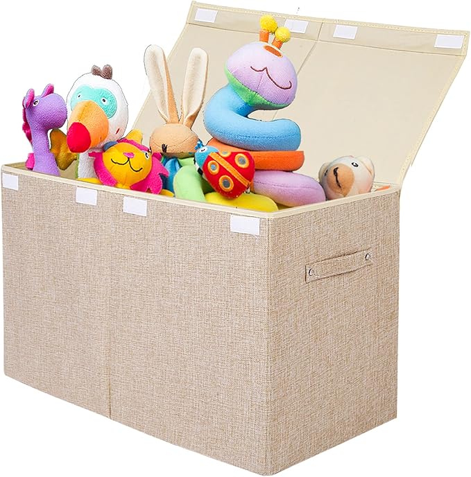 Large Toy Box Chest Storage with Flip-Top Lid, Kids Toy Storage Bin Boxes | Toy Chest with Rivets Handles for Kids, Boys, Girls, Nursery, Playroom, Living Room, Bedroom, 25"x 13" x 16" (Linen Beige)