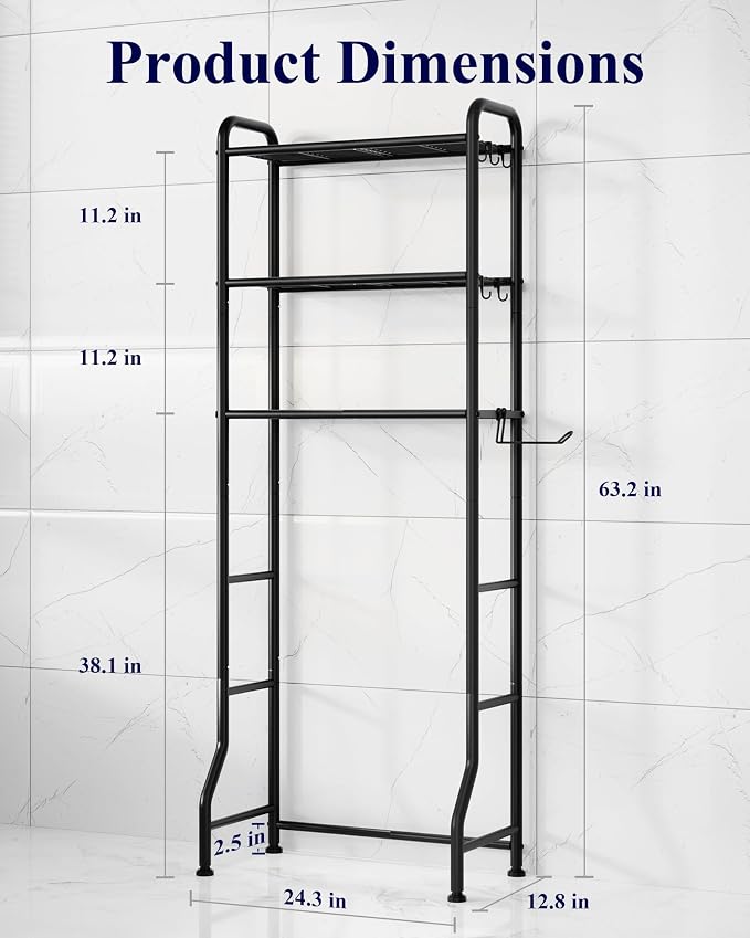 Kitsure Over Toilet Storage Rack, 63.2" H Space-Saving, Holder & Hooks | Bathroom, Laundry Room, Small Spaces, Families, Durable Metal, Black, 3 Tier