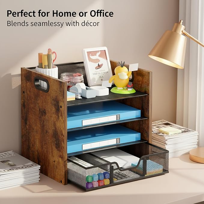 Desk Organizer - 4 Tier Desktop File Organizer with Drawer, Wooden Paper Tray Organizer, Office Desk Accessories Organizer for Papers, Mail, Notebooks, Stationery