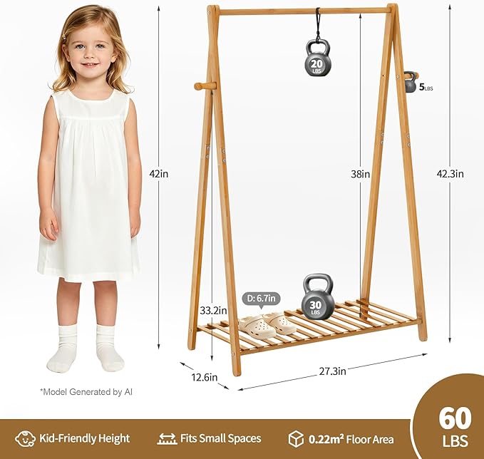 Kids Clothing Rack Small Baby Clothes Racks Bamboo Garment Rack 42"H | Wooden Short Mini Dress Up Costume Rack with Shelves for Hanging Clothes, Nursey Toddler Shower Children Clothes Hanger Rack