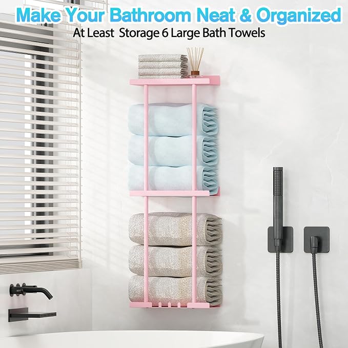 Towel Rack for Bathroom, Wall Mounted Vertical Rolled Towel Storage Organizer Holder with Shelf, Holds Up 6 Large Bath Sheets, Pink Large Size
