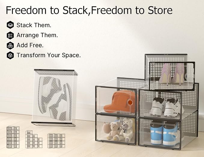 Kuject XXX-Large Shoe Storage Boxes 12 Pack, Clear Stackable Shoe Organizer | Shoe Case for Closet, Entryway & Under-Bed Storage, Drop-Front Design, Space-Saving Solution for Family Organization,Black