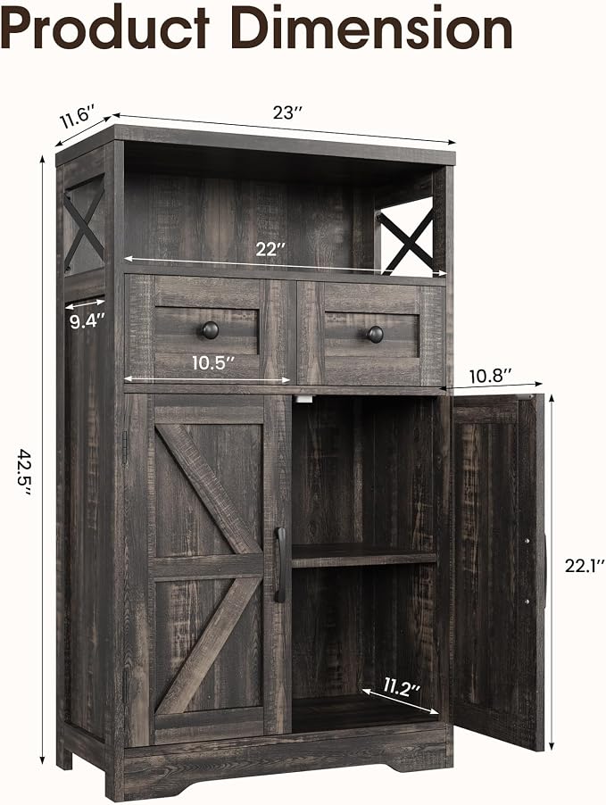 Farmhouse Storage Cabinet Set of 2, Small Kitchen Pantry Coffee Bar Cabinet | Accent Buffet Cabinet Cupboard, 2 Drawers, Barn Doors & Adjustable Shelves, for Kitchen/Entryway/Bathroom, Dark Wood