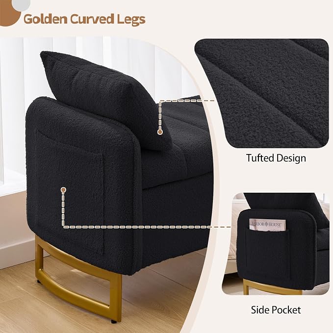 66" End of Bed Bench King Size, Teddy Boucle Storage Bench for Bedroom Foot of Bed, Storage Ottoman Bench with Golden Legs and Pillows for Living Room Window Entryway, Black