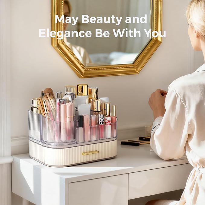 Delamu Rotating Makeup Organizer countertop, Brush Holder for Vanity, White | Stackable Drawer Makeup Storage for Skincare, Lipstick, Brushes & Perfume, Fits Dresser & Bathroom Countertop, Gift for Women