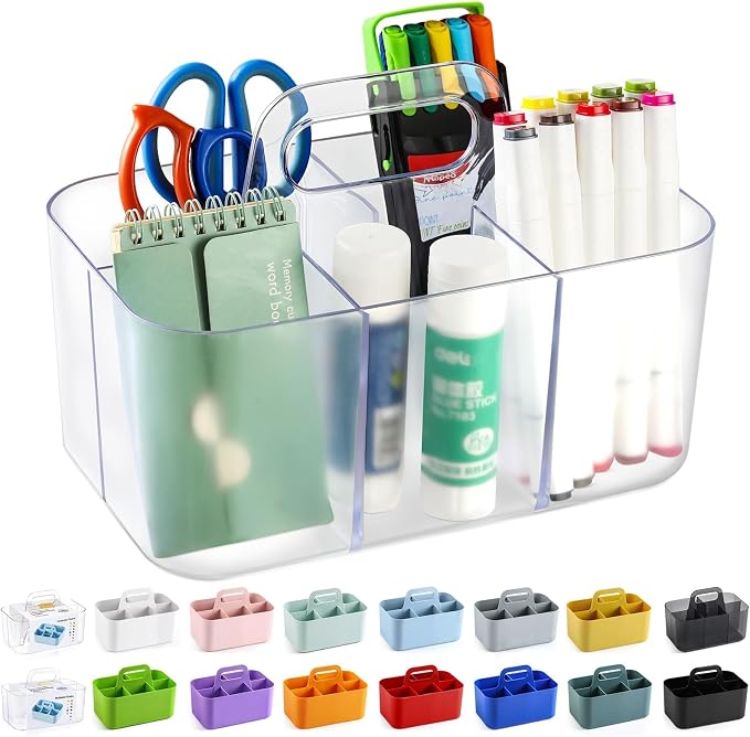 Multiuse Caddy Organizer with Handle, Portable Plastic Tote Bin - Art Craft, Stationary Pen Marker Crayons, Makeup Hair Supplies Storage - Bathroom, Classroom, Dorm, Office, Desk Holder -Frosted Clear
