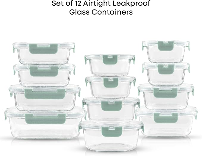 JoyJolt 24pc Borosilicate Glass Storage Containers with Lids | 12 Airtight/Freezer Safe Food Storage Containers for Pantry and Kitchen | Meal Prep Container for Lunch | Glass meal Set