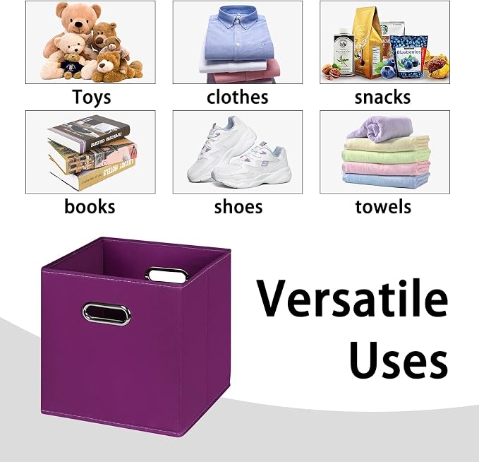 Black Foldable Storage Cubes Bins , Fabric Storage Box Cubes Organizer Baskets with Dual Handles for Home Organizer(Purple)