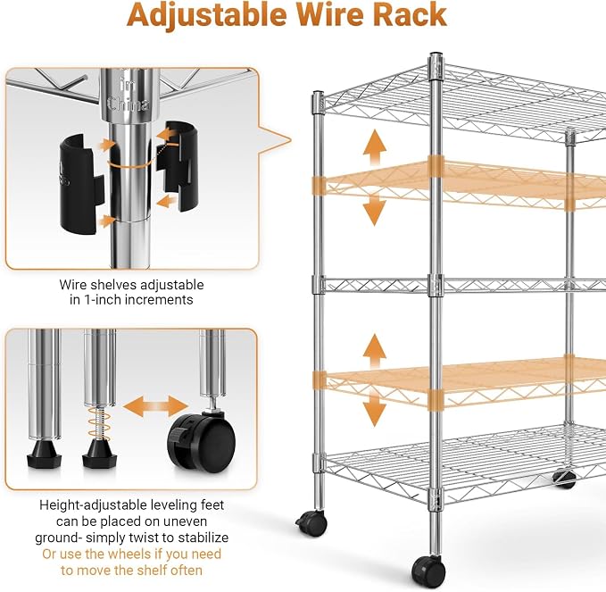 Simple Deluxe Heavy Duty 3-Shelf Shelving with Wheels, Adjustable Storage Units, Steel Organizer Wire Rack, 24.02”L x 13.78“W x 31.89”H, Chrome, HKSHLF23133003CPC