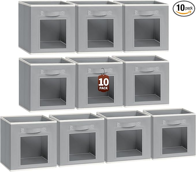 Foldable Storage Cubes - Cubby Storage Organizer with Window, 11 Inch Baskets for Organizing, Collapsible Fabric Storage Cubes for Shelves, Closet, 10 Pack, Grey