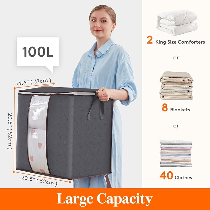 Lifewit 6 Pack 100L Clothes Storage Bins with Lids, Foldable Blanket Storage Bags with Zippers, Clear Window and Reinforced Handles, Closet and Organization for Clothing, Sweater, Comforter, Bedding