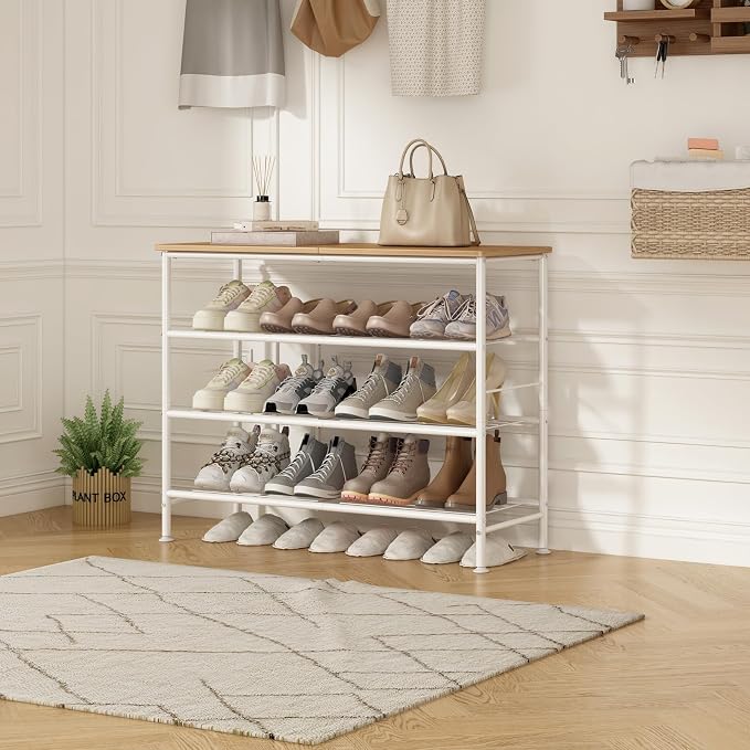 SUOERNUO 4 Tier Shoe Rack Organizer for Closet Shoe Storage for Entryway | Free Standing with MDF Top Board,Sturdy Metal Frame,Ideal for Living Room,Hallway White Nordic Walnut