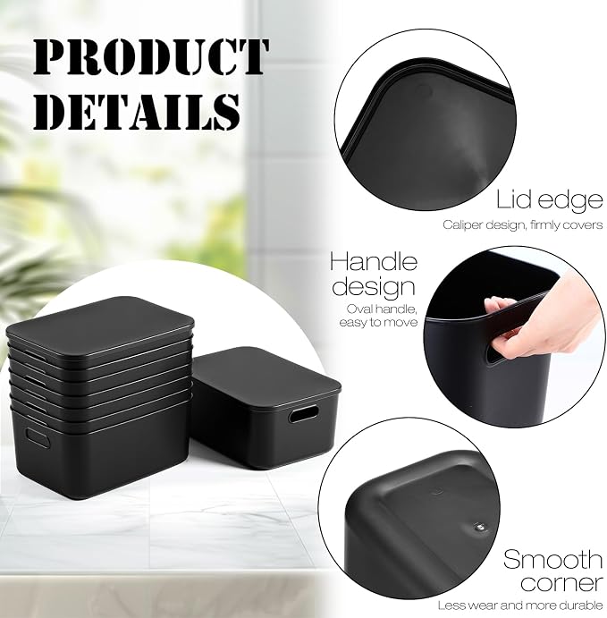 8 Pieces Colorful Storage Bins with Lid, Plastic Storage Basket Organizing Container Stackable Box with Handle for Shelves Desktop Playroom Office(13.8 x 9.8 x 5.9 Inch,Black)