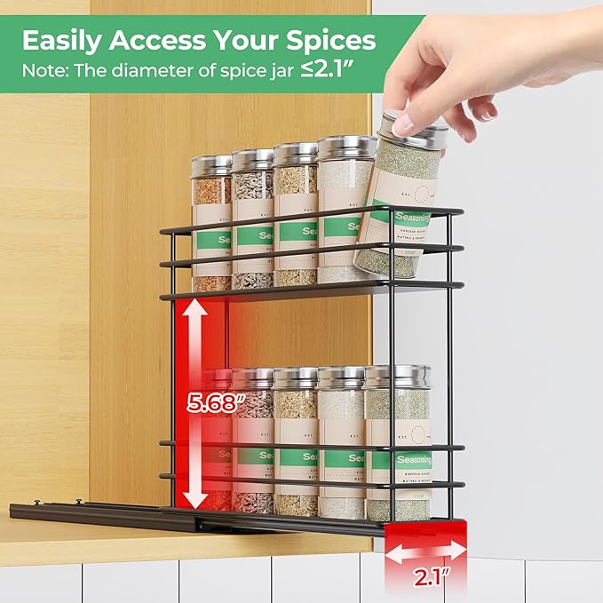 Mystozer Pull Out Spice Rack Organizer for Cabinet, Slide Out Spice Racks, Easy to Install Spice Cabinet Organizer, 2.5" Wx10.43 Dx8.26 H, 1 Drawer 2 Tiers（Black）
