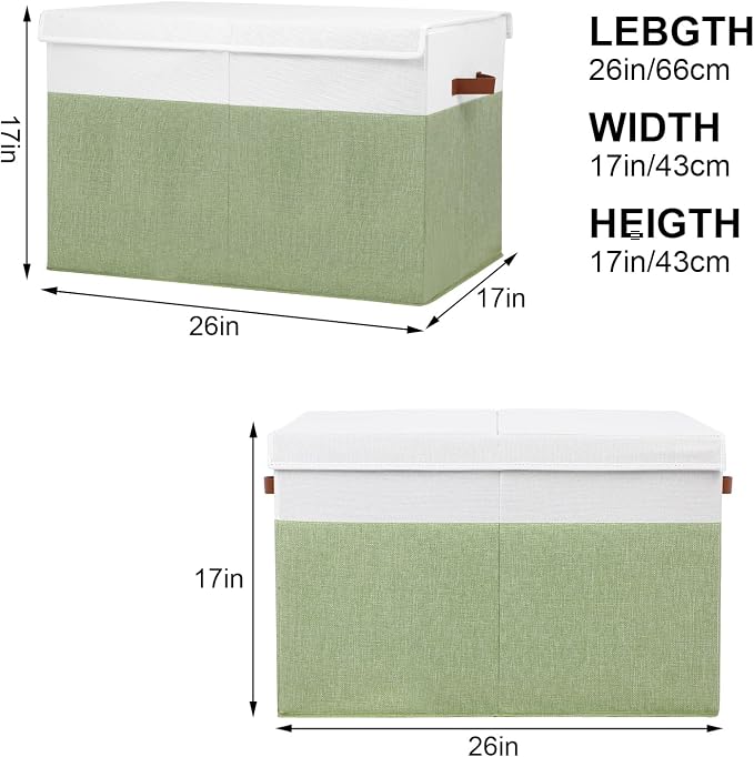 Large Toy Storage Box with Lid, Toy Chest Bin Boxes Basket with Dividers | Sturdy Toy Organizer Bin for Kids, Boys, Girls, Nursery, Living Room, Bedroom, Playroom 26"x17" x17" (Green and White)