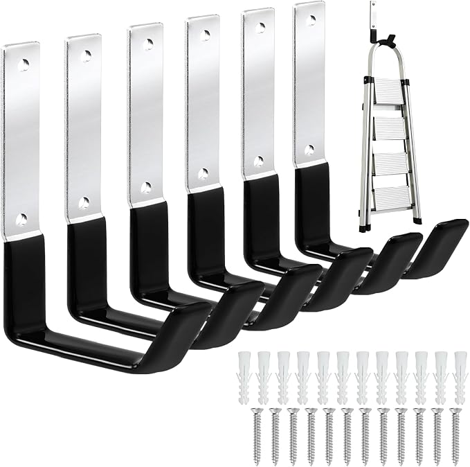 GeeWatom Heavy Duty Steel Garage Hooks,Garage Storage Utility Hooks,Anti-Slip Garage Hooks,Garage Garden Tool Organizer,Steel Wall Mount Hooks, Garden Hose Hanger, Black J Hooks (Large-6PC)