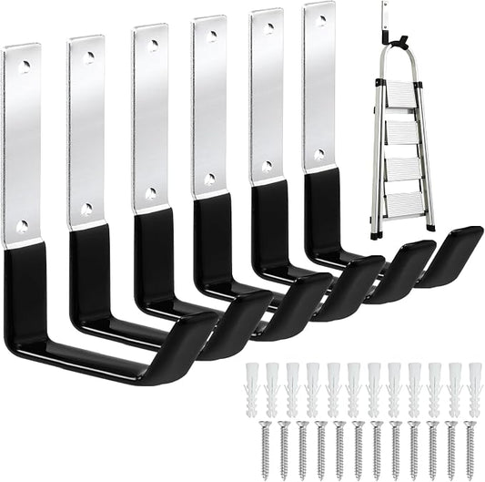 GeeWatom Heavy Duty Steel Garage Hooks,Garage Storage Utility Hooks,Anti-Slip Garage Hooks,Garage Garden Tool Organizer,Steel Wall Mount Hooks, Garden Hose Hanger, Black J Hooks (Large-6PC)
