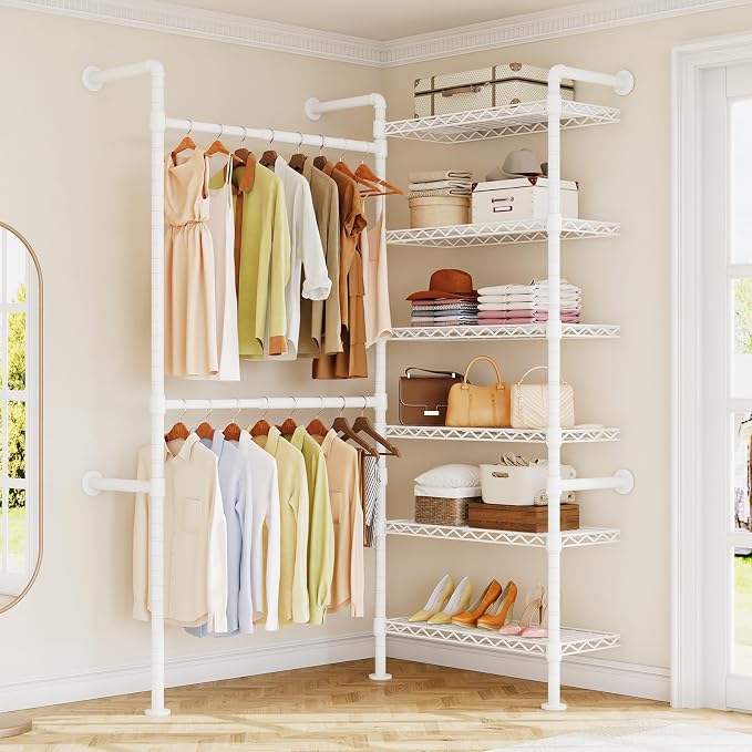 H2 Wall Mounted Clothing Rack, Expandable Industrial Pipe Clothes Rack Garment Racks for Hanging Clothes, Heavy Duty Closet Organizers and Storage in Closet System, White