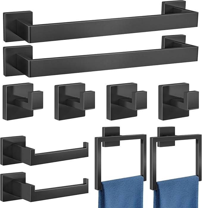 Gypie Bathroom Accessories Set 10-Piece Stainless Steel Modern Wall Mount Towel Racks for Bathroom 16In, Matte Black