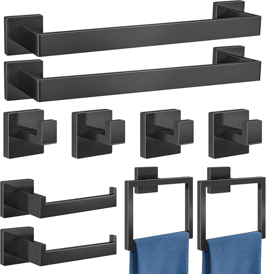 Gypie Bathroom Accessories Set 10-Piece Stainless Steel Modern Wall Mount Towel Racks for Bathroom 16In, Matte Black