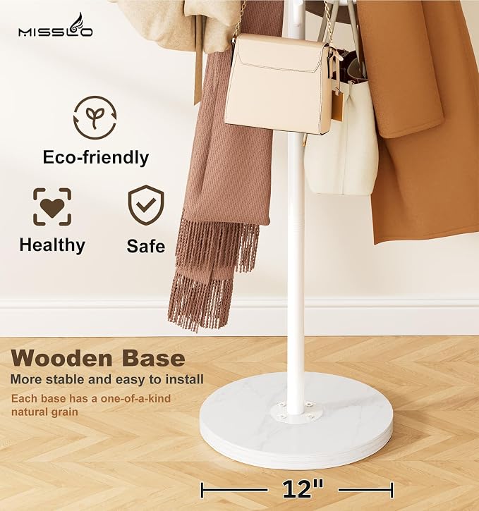 MISSLO Heavy Duty Coat Rack Freestanding with Stable Wood Base Modern Coat Tree with 12 Hooks Adjustable Coats Hanger Stand Stylish Standing Clothes Tree for Entryway Bedroom Corner Hall (White)