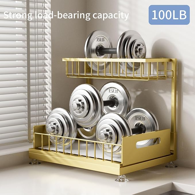 Saydear 2-Pack L-Shaped Under Sink Organizer, 2-Tier Pull-out Cabinet Rack | Gold Height-Adjustable Steel Rack, Sliding Grid Drawers with PP Liners, Holds 100 Lbs, Suction Base, Ideal Kitchen Storage