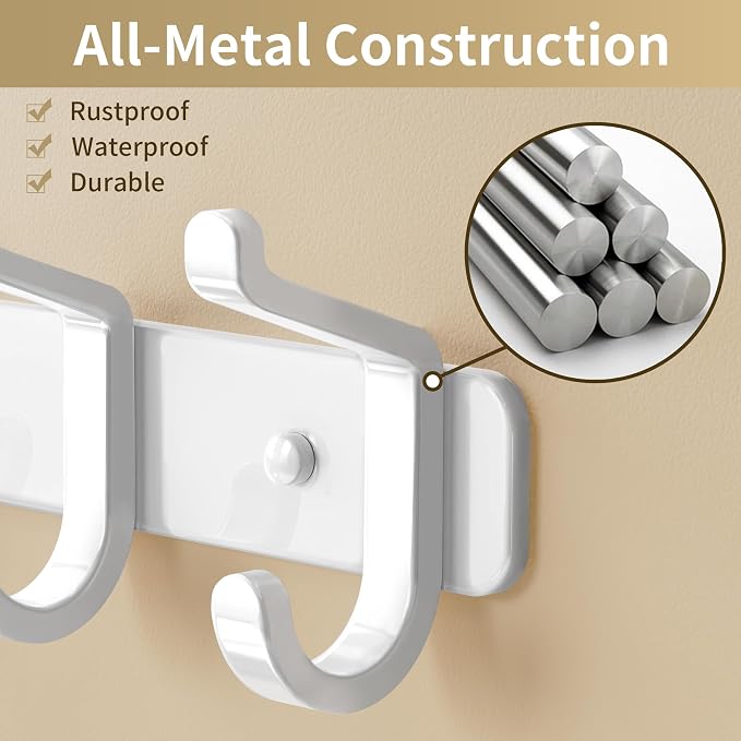 pickpiff Coat Rack Wall Mounted Heavy-Duty: Metal Coat Hanger 6 Hooks for Hanging Hat, Clothes, Robe, Keys, Backpack, Bathroom Towels, Jacket, Purse - Closet, Door, Entryway, Mudroom (White, 2 Pack)