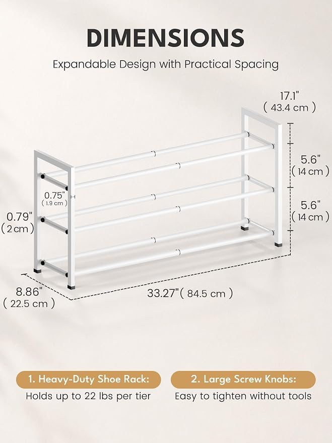 Bumusty 3 Tier Expandable Shoe Rack for Closet, White | 18"-33" Adjustable Shoe Rack for Entryway, Small Shoe Organizer for Dorm, Front Door, Sturdy Metal