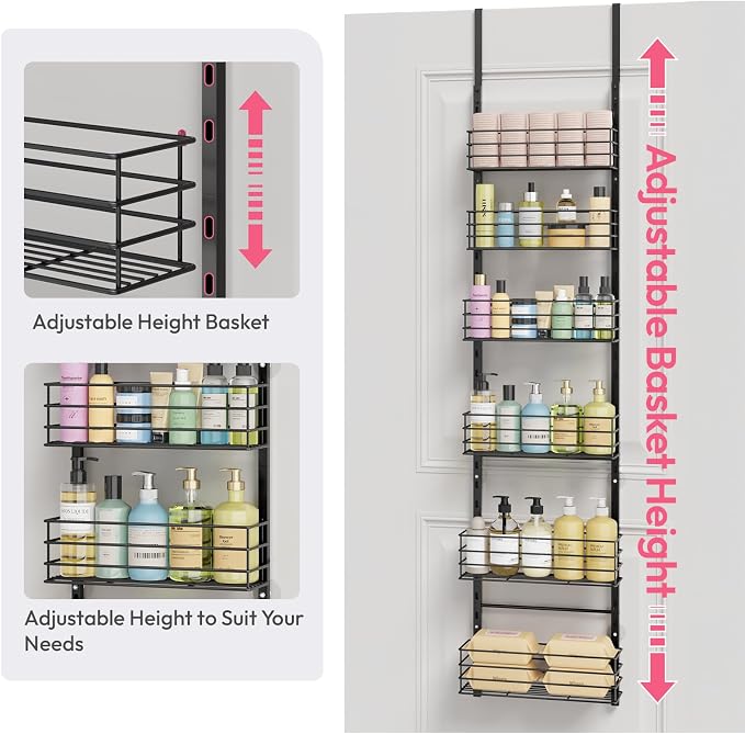 SWTYMIKI Over The Door Organizer - Door Organizer Hanging with 6 Adjustable Metal Large Capacity Basket, Wall Mounted Shelf for Bedroom Closet Bathroom Laundry Pantry Cabinet Kitchen(Black)