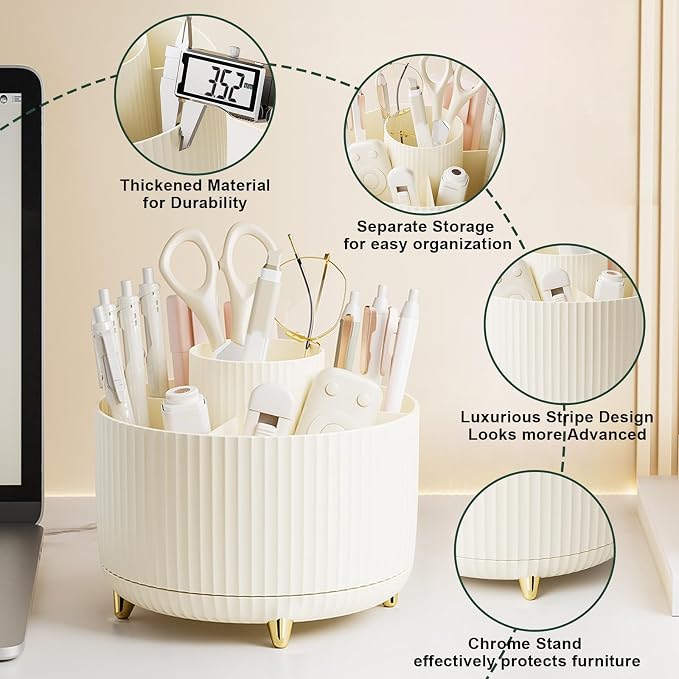 Diesisa Makeup Brush Holder Organizer,360° Rotating Makeup Brush Organizer,5 Slot Make up Brushes Cup for Cosmetics, Nail Polish, Art Supply, Bathroom Vanity Desktop Organizer - Cream