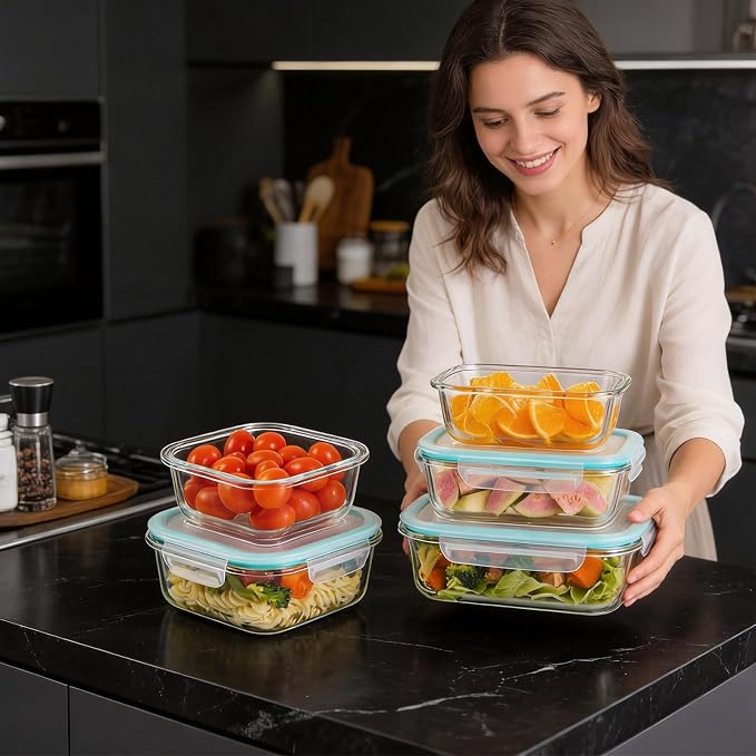 Liuruiyu Glass Food Storage Containers with Lids, 8 Pack Meal Prep Containers, Airtight Bento Boxes with Leak Proof Locking for Microwave, Oven, Freezer and Dishwasher, BPA Free（5oz to 36oz）
