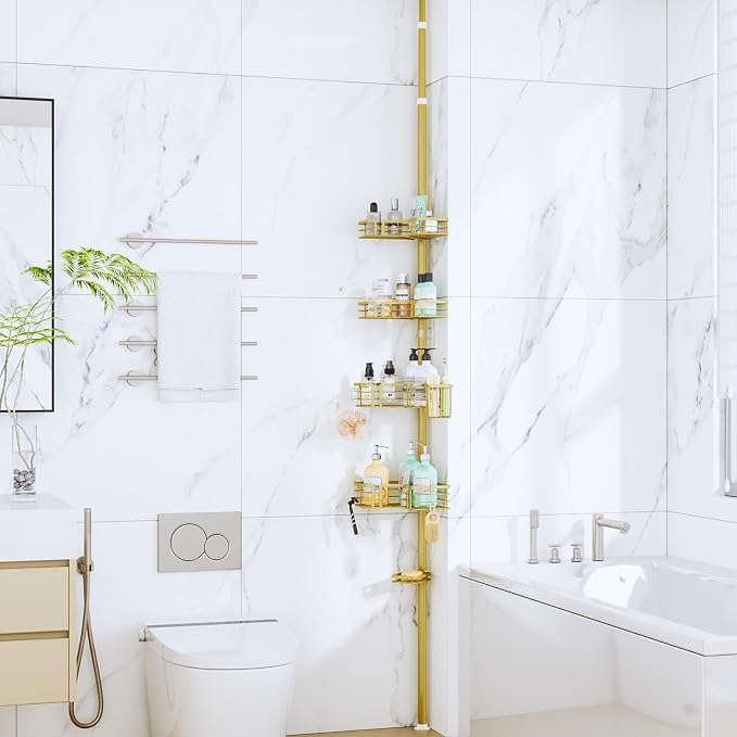 SWTYMIKI Shower Caddy Tension Pole - 4-Tier Corner Shower Organizer Tension Rod with Soap Holder, Toothbrush Holder & 4 Hooks, Adjustable Stainless Steel Bathroom Organizer 27.6 to 108.3 inch, Gold