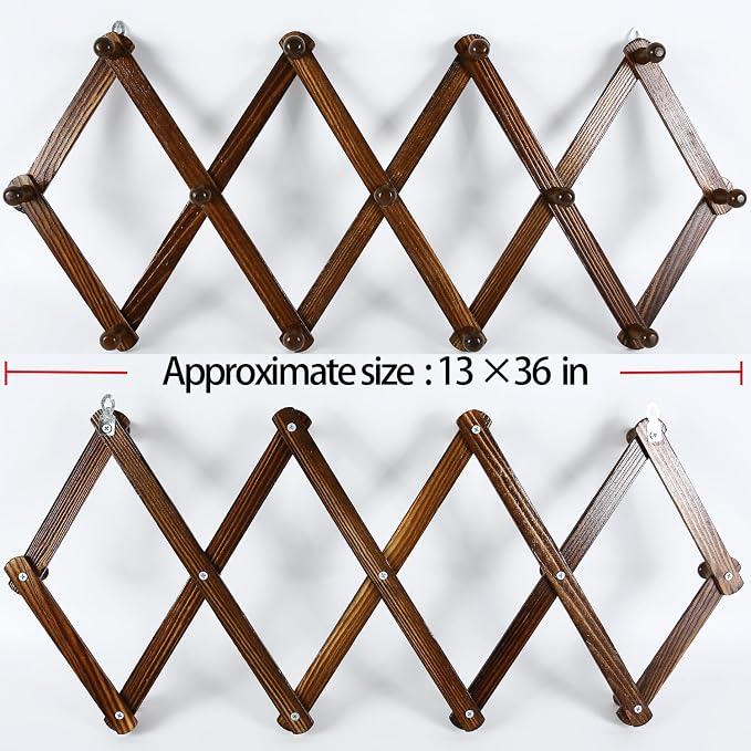 AMAPON Accordion Wall Hanger Expandable Coat Hat Rack 13Peg (Walnut) | Hang Hats Jackets Coffee Mug Purses Necklaces Towels Cap Leash Scarves Data Line Kitchenware