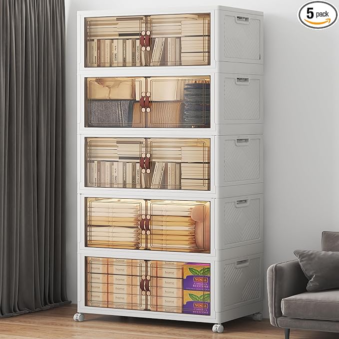 UAMFURI Stackable Storage Bins with Lids, 600QT Lockable Storage Cabinet | Folding Storage Box with Doors and Wheels, Collapsible Plastic Drawers for Home, Garage, Office