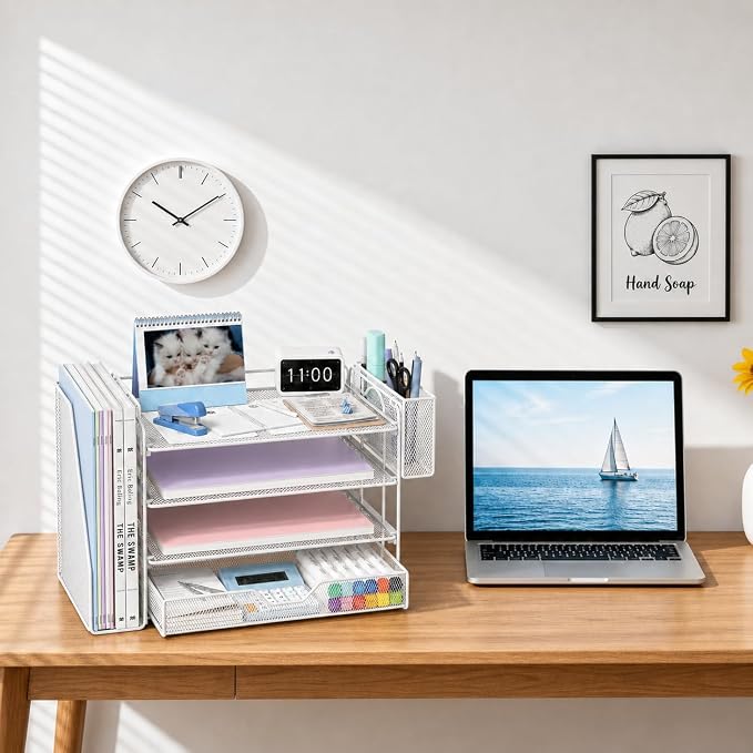 OPNICE Desk Organizer, 4-Tier Desktop File Organizer with Drawer and Pen Holders, Office Desk Accessories, File Sorters, Workspace Organizers for Office Supplies(White - Metal Pen Holder)