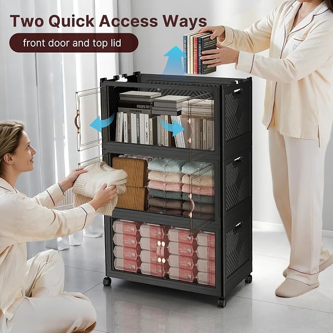 UAMFURI Stackable Storage Bins with Lids, 240QT Lockable Storage Cabinet | Folding Storage Box with Doors and Wheels, Collapsible Plastic Drawers for Home, Garage, Office