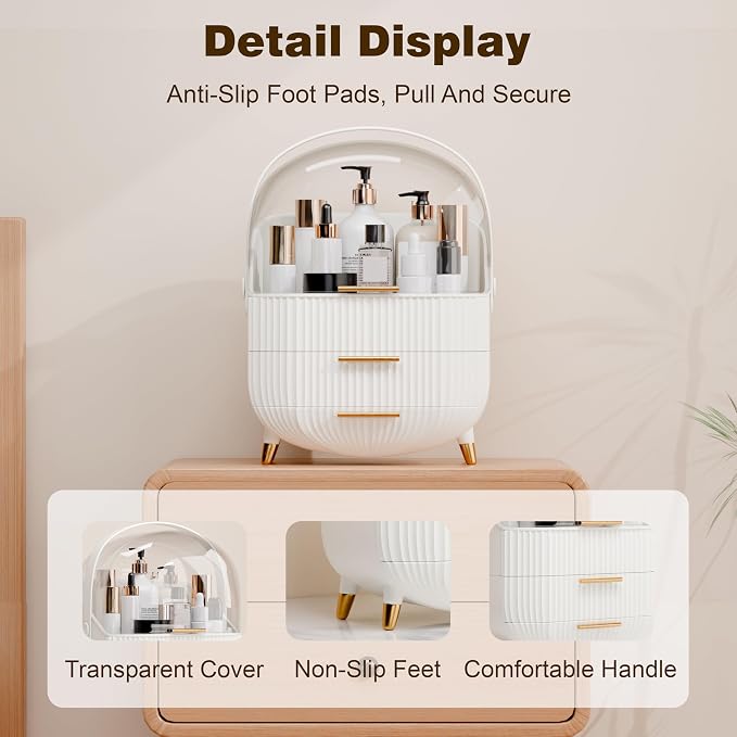 lurcns Makeup Organizers and Storage, Make up Organizer for Vanity Cosmetics Skincare Organizers With Lid and Drawers Display Cases for Countertop（White）