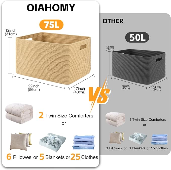 OIAHOMY 75L Large Blanket Basket, Woven Cotton Rope Baskets for Organizing 22”x17”x12”, Blanket Basket living Room, Toy Storage Bins for Nursery, Yellow