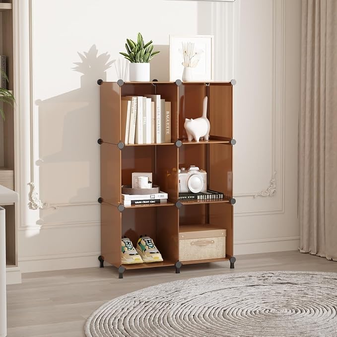 AWTATOS Closet Organizer, 6 Cube Storage Organizer, Closet Storage Shelves | DIY Stackable Closet Storage Cubes Shelf Bookshelf, Plastic Clothes Organizer Shelving for Bedroom, Home, Cocoa Brown