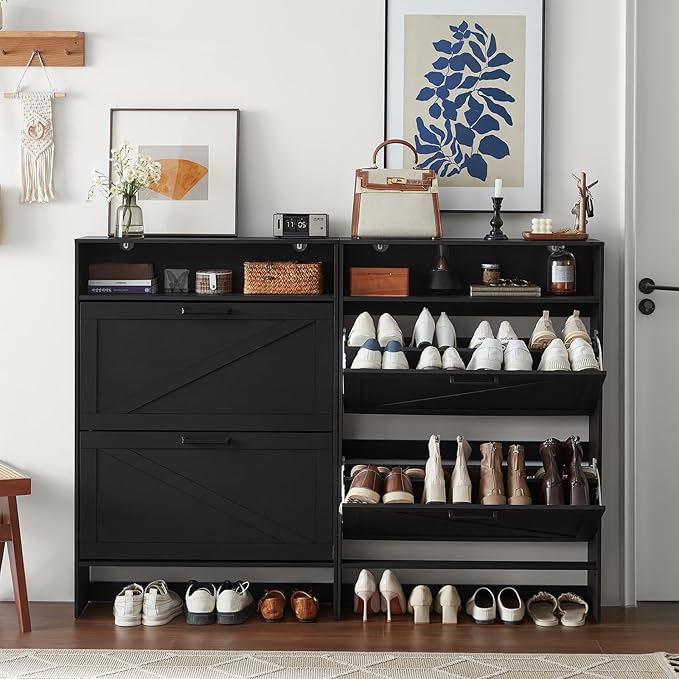 RWYHG Shoe Cabinet Storage for Entryway with 2 Flip Drawers | Open Storage Layer Rack Narrow Organizer Slim Hidden Wood Shoe Cabinet Furniture
