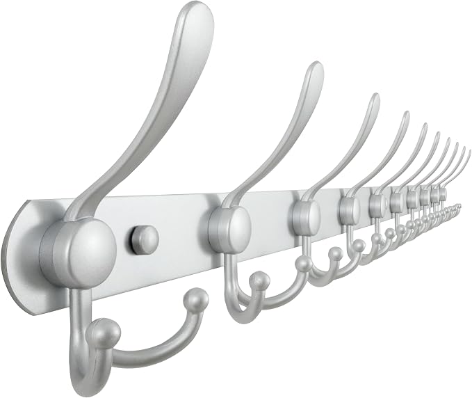 Dseap Coat Rack Wall Mount - 38” Long 10-Tri-Hooks Heavy Duty Coat Hanger Rail Wall Hooks for Hanging Coats Hats Clothing Clothes Purse Mudroom Entryway, Silver