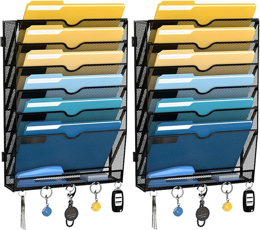 SUPEASY 7-Tier Hanging Wall File Organizer with Hooks, 2 Pack | Mesh Wall File Holder, Mail Organizer Wall Mounted for Papers, Documents, Folders and Magazines in Home Office, Classroom