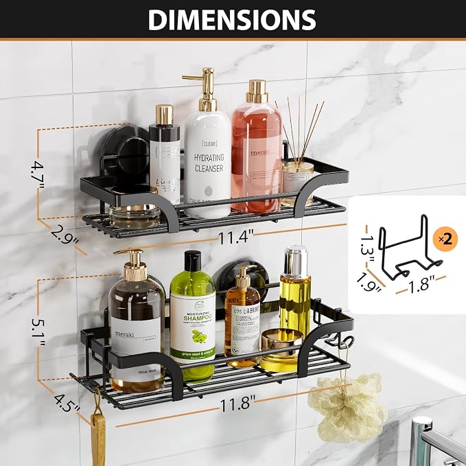 LEVERLOC 2 Pack Shower Caddy Suction Cup, Shower Shelves for Inside | Rustproof Bathroom Storage, NO Drill Bathroom Organizer, Heavy Duty Storage Basket, Black Shower Caddies, Metal Shower Shelf