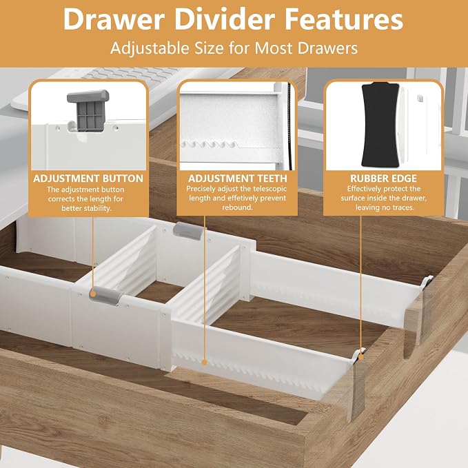 KABUM Upgrade Adjustable Drawer Divider Organizer(2.8 * 11.7-18.5") | Expandable Organization for Home, Office,2.8" High Expandable from 11.7" to 18.5",4 Dividers with 6 Long and 2 Short Inserts